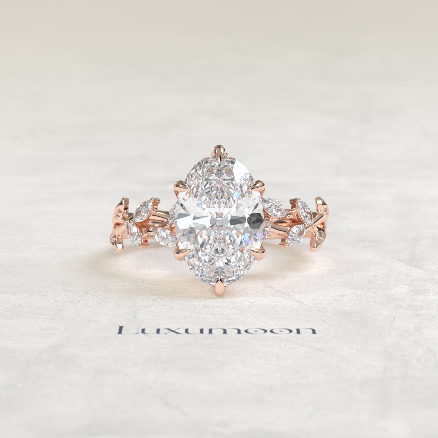 The Lura – Oval Cut Lab Grown Diamond Trailing Marquise Leaf Vine Band Engagement Ring