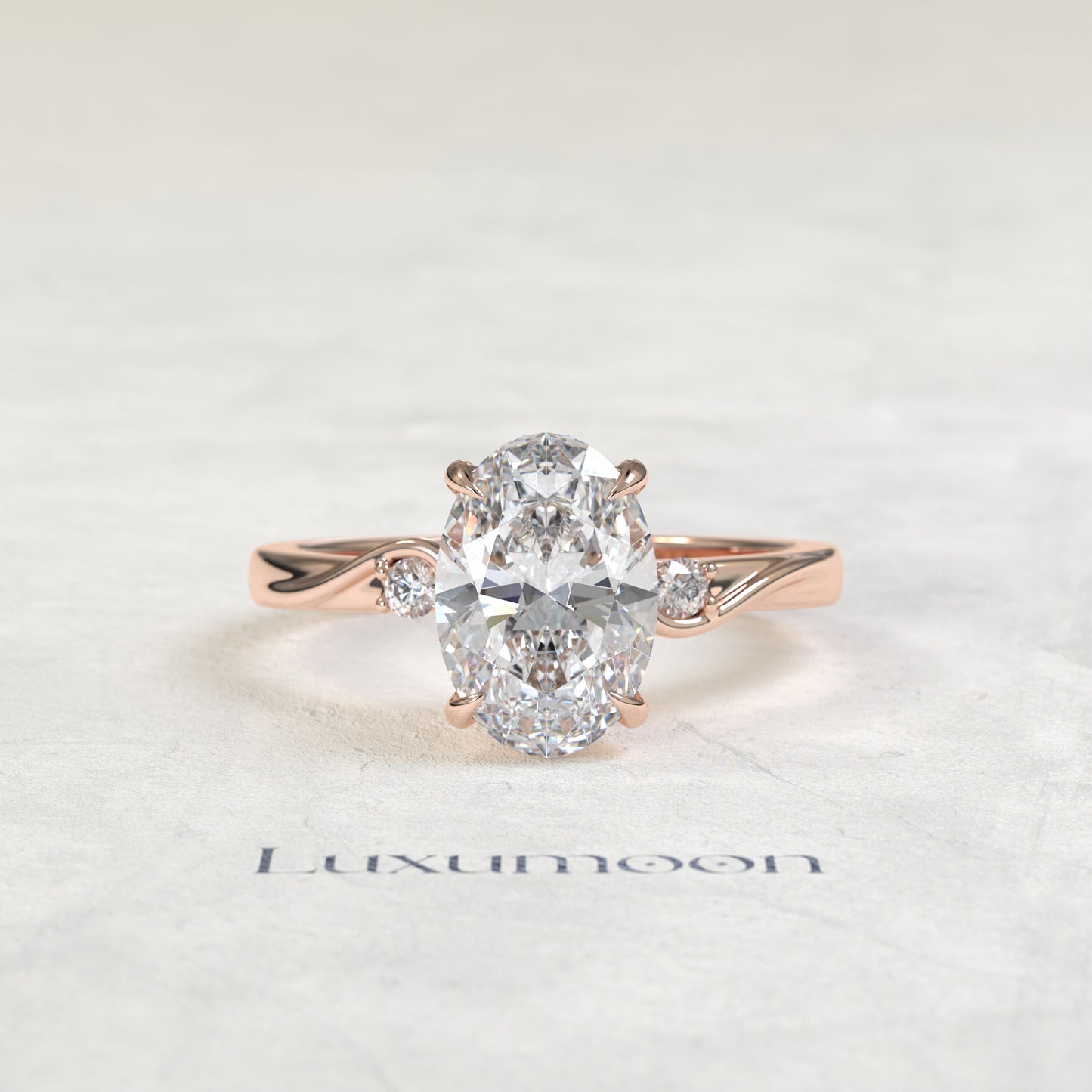 The Sorin – Oval Cut Lab Grown Diamond Twist Shank Round Side Stone Engagement Ring