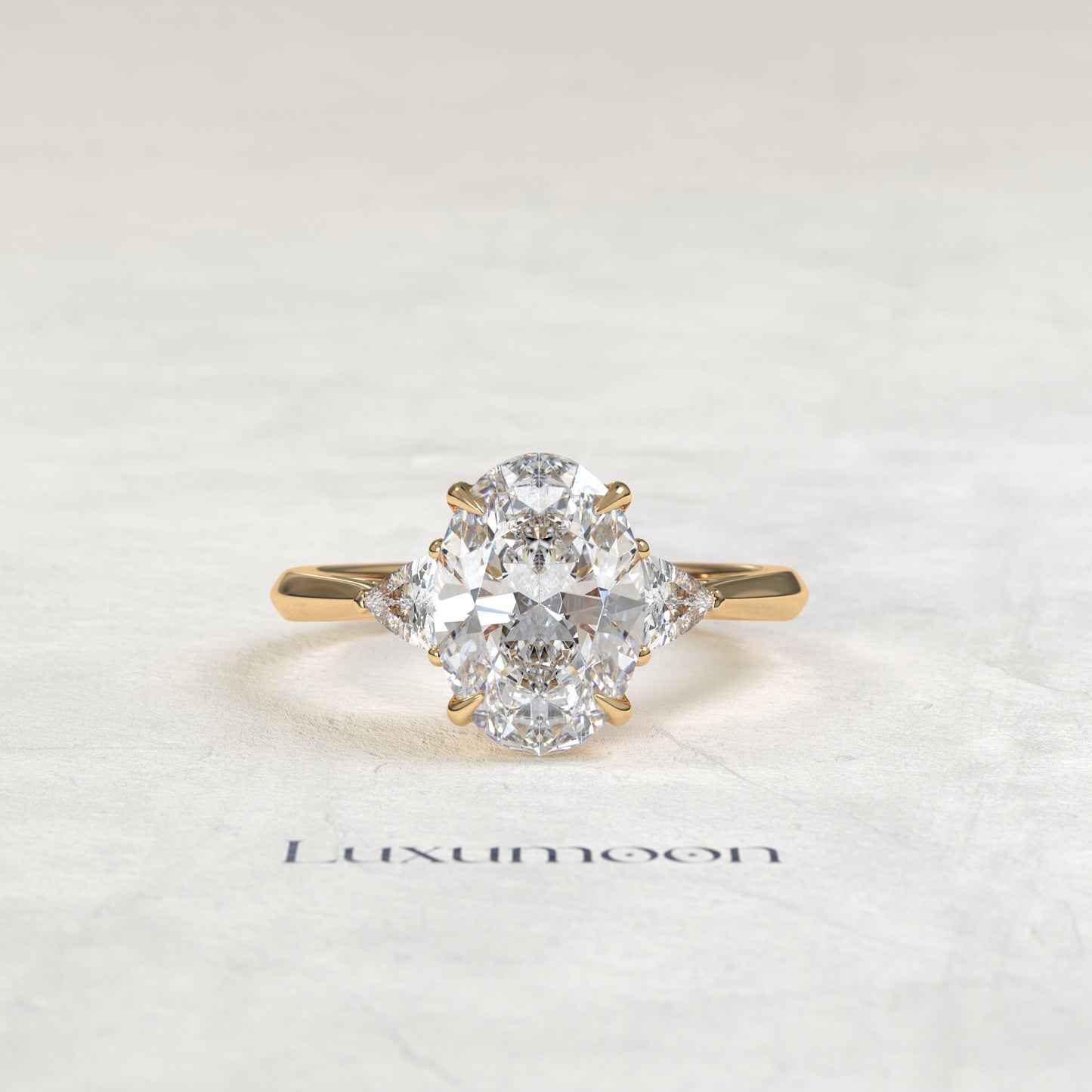The Evara – Oval & Trillion Cut Lab Grown Diamond Three Stone Cathedral Engagement Ring