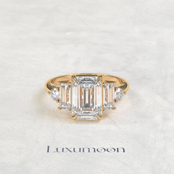 The Koora – Emerald Cut Lab Grown Diamond Baguette & Round Five Stone Engagement Ring
