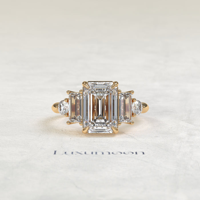 The Koora – Emerald Cut Lab Grown Diamond Baguette & Round Five Stone Engagement Ring
