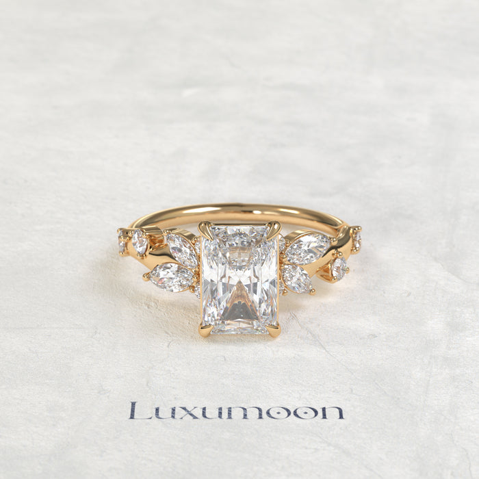 The Fiova – Radiant Cut Lab Grown Diamond Marquise Leaf Cluster Vine Band Engagement Ring