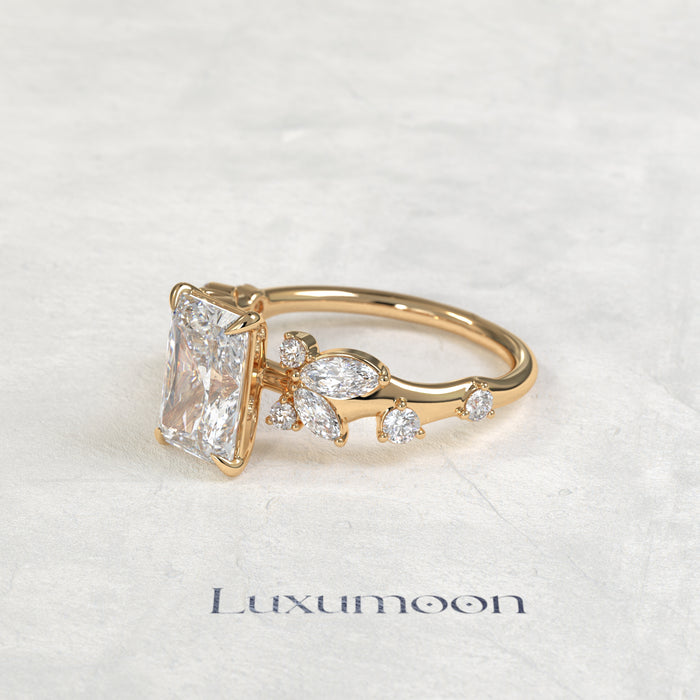 The Fiova – Radiant Cut Lab Grown Diamond Marquise Leaf Cluster Vine Band Engagement Ring