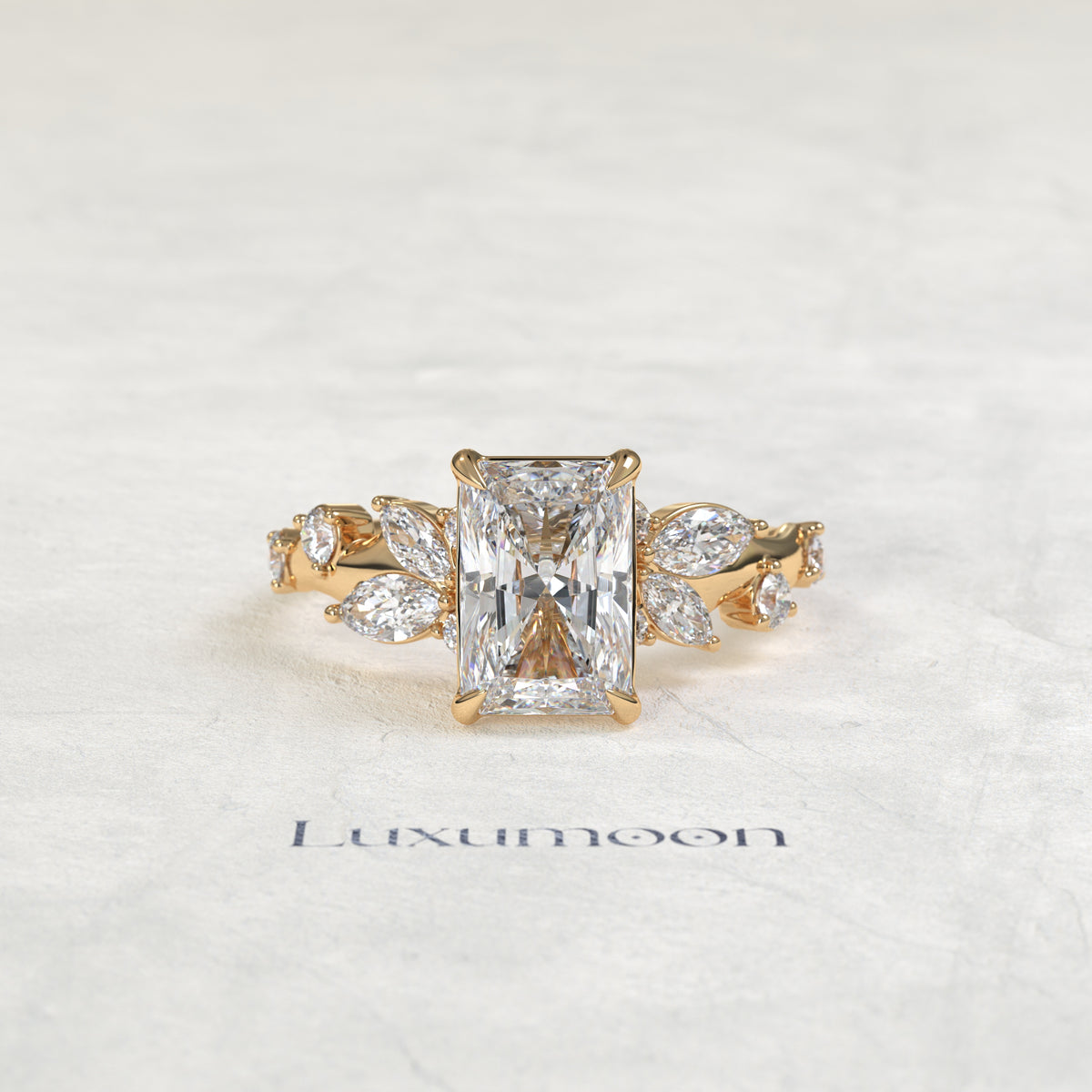 The Fiova – Radiant Cut Lab Grown Diamond Marquise Leaf Cluster Vine Band Engagement Ring