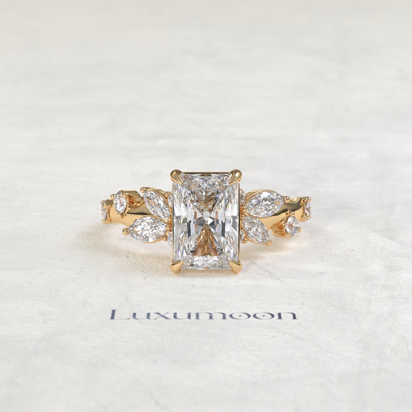 The Fiova – Radiant Cut Lab Grown Diamond Marquise Leaf Cluster Vine Band Engagement Ring