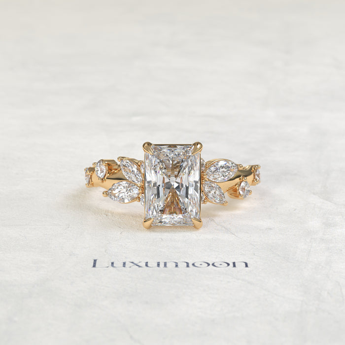 The Fiova – Radiant Cut Lab Grown Diamond Marquise Leaf Cluster Vine Band Engagement Ring
