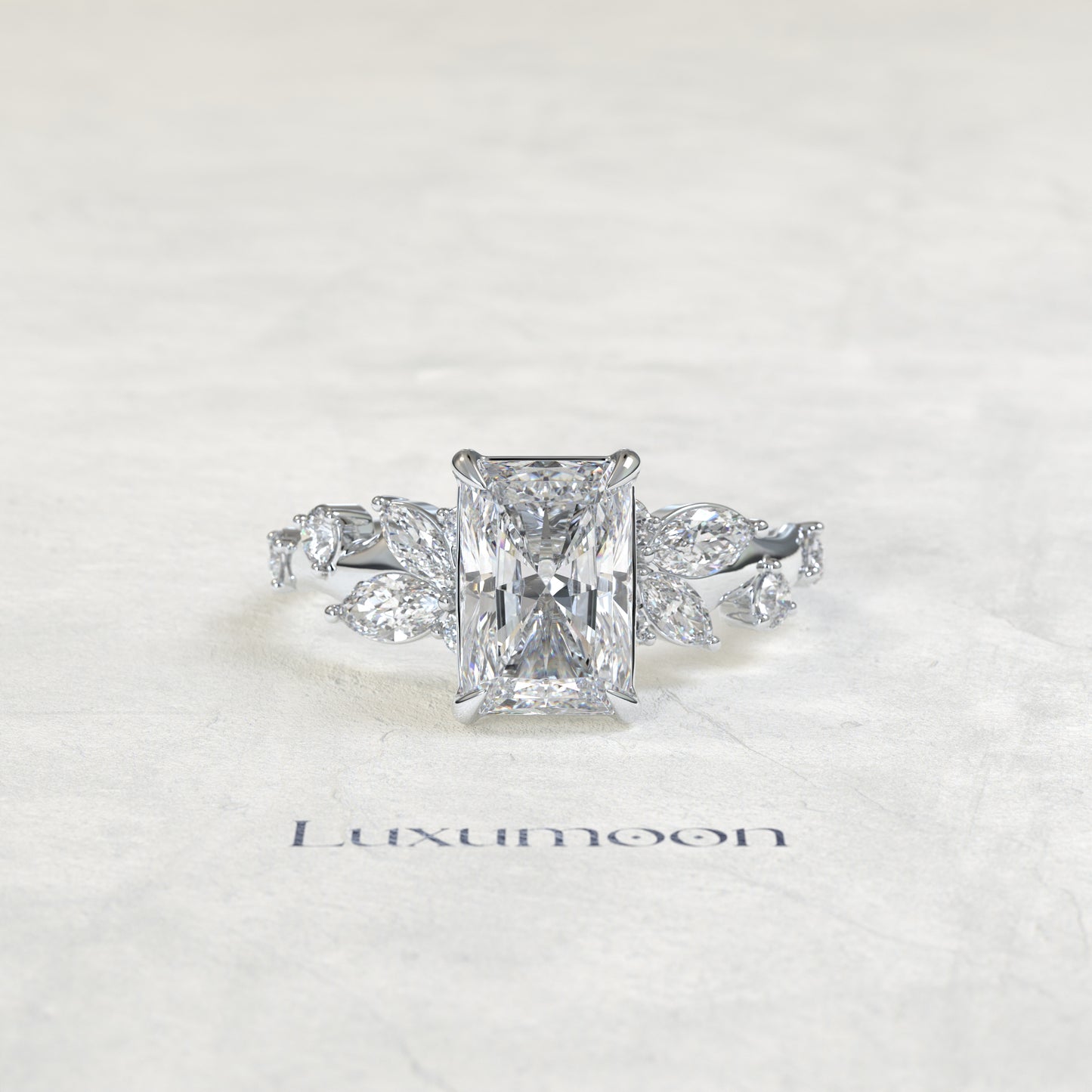 The Fiova – Radiant Cut Lab Grown Diamond Marquise Leaf Cluster Vine Band Engagement Ring