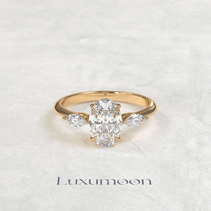 The Alova – Oval Cut Lab Grown Diamond Dainty Marquise Three Stone Engagement Ring
