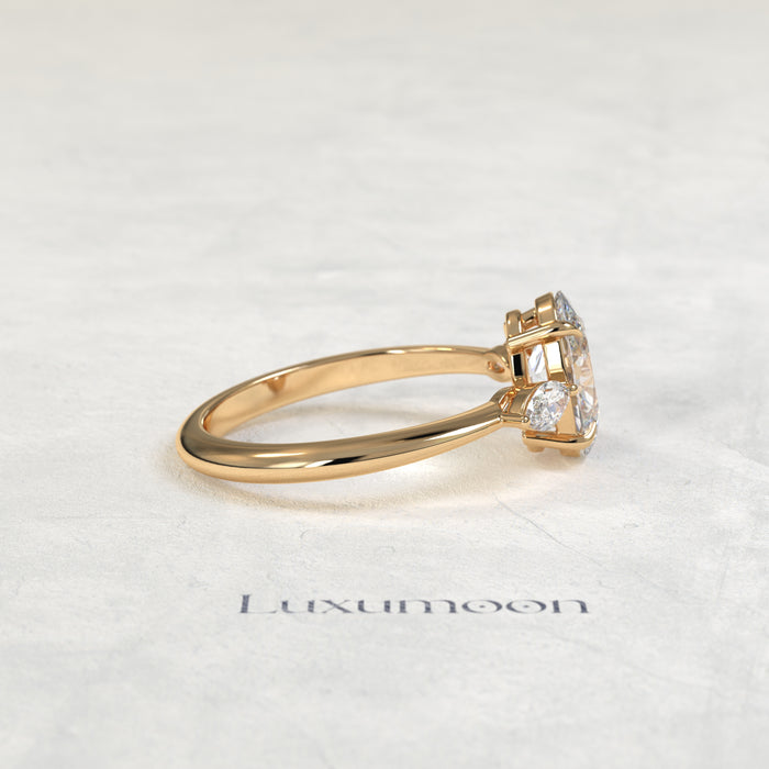 The Alova – Oval Cut Lab Grown Diamond Dainty Marquise Three Stone Engagement Ring