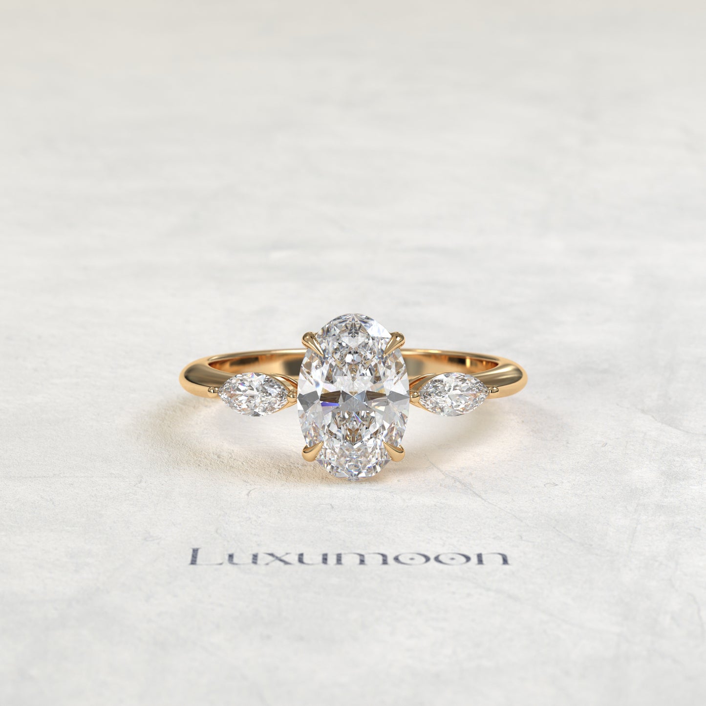 The Alova – Oval Cut Lab Grown Diamond Dainty Marquise Three Stone Engagement Ring