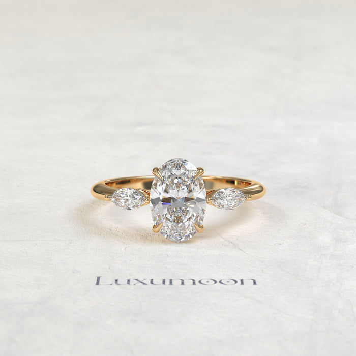 The Alova – Oval Cut Lab Grown Diamond Dainty Marquise Three Stone Engagement Ring