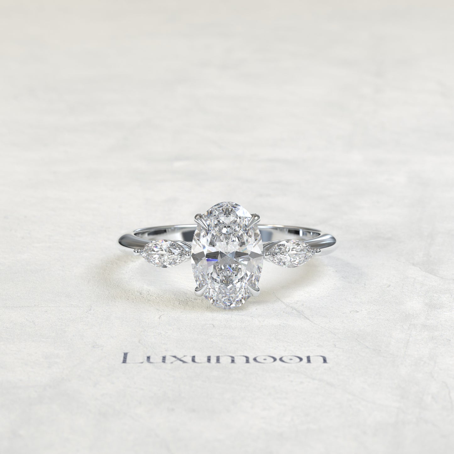 The Alova – Oval Cut Lab Grown Diamond Dainty Marquise Three Stone Engagement Ring