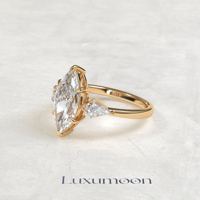 The Qela – Marquise Cut Lab Grown Diamond Kite Side Stone Three Stone Engagement Ring
