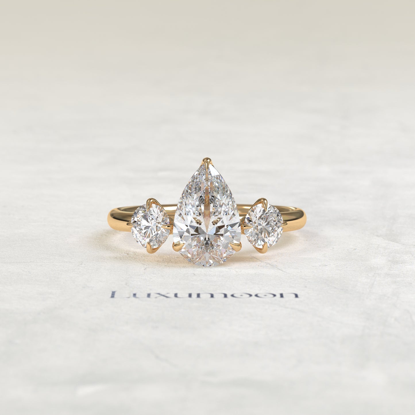 The Piela – Pear Lab Grown Diamond Three Stone Ornate Filigree Cathedral Engagement Ring