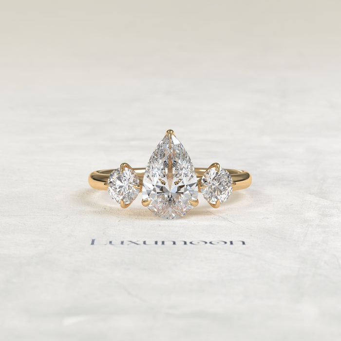 The Piela – Pear Lab Grown Diamond Three Stone Ornate Filigree Cathedral Engagement Ring