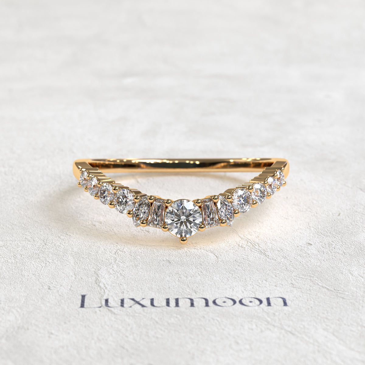 The Fervelle – Curved Band with Baguette, Marquise & Round Diamonds