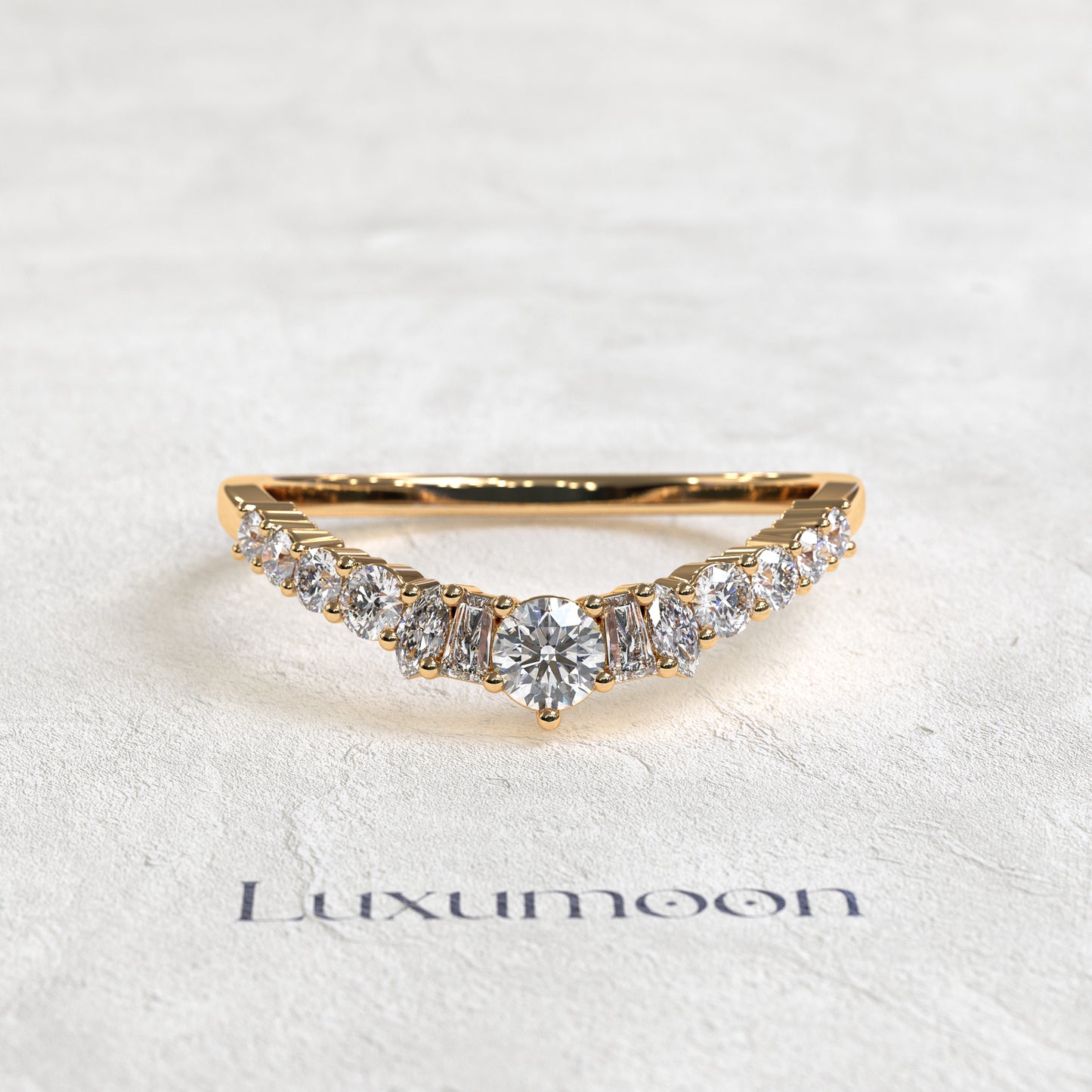 The Fervelle – Curved Band with Baguette, Marquise & Round Diamonds