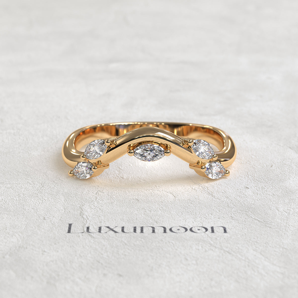 The Valcera - Curved Wedding Band with Marquise Cut Diamonds