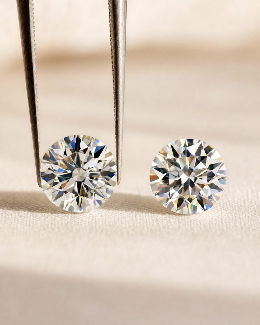 Two round diamonds side by side, one held in tweezers